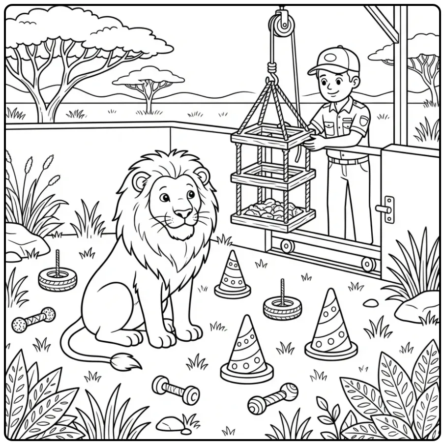 Leuke kleurplaat leeuw met verzorger en voerpuzzel.