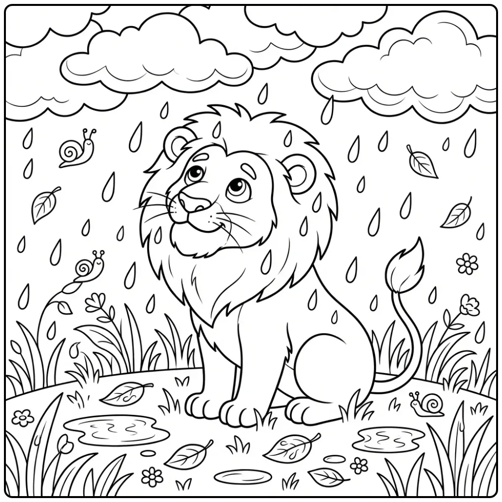 Schattige kleurplaat leeuw in de regen met wolken.