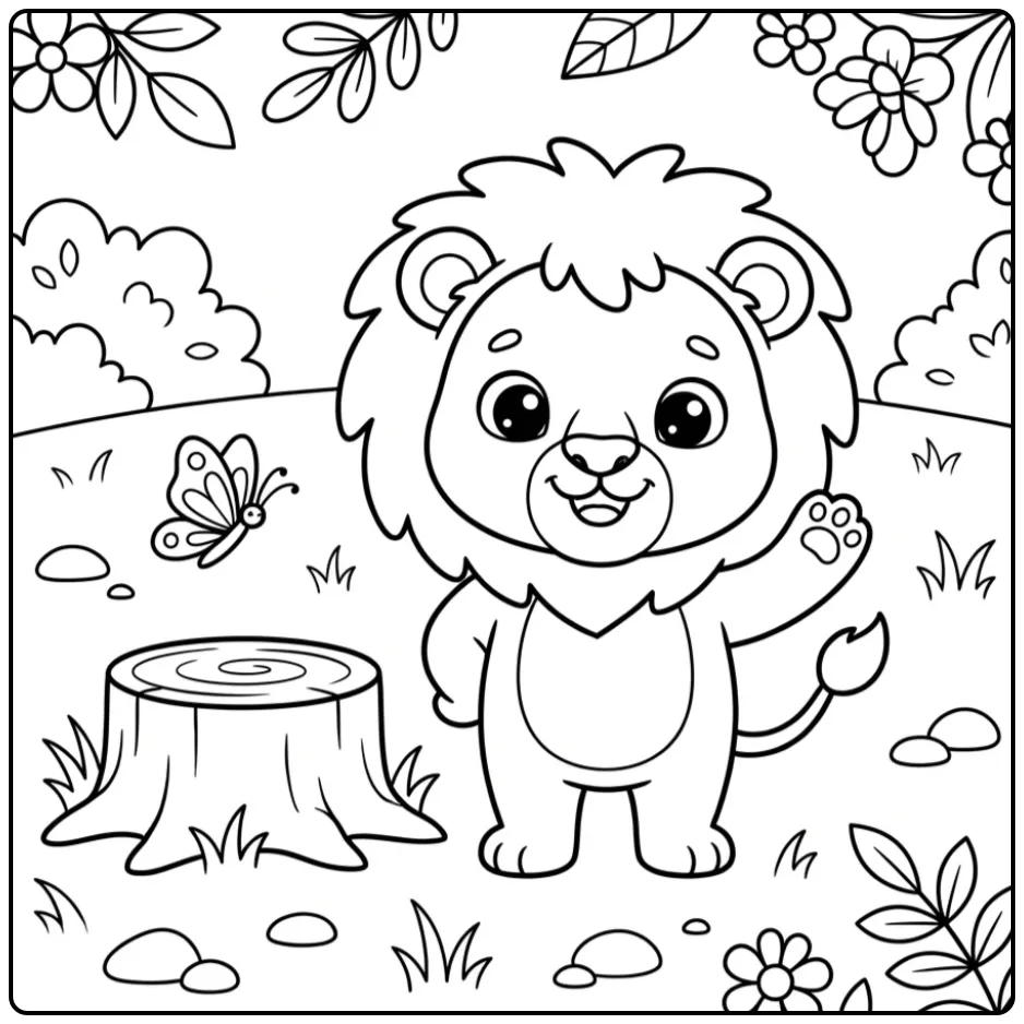 Schattige kleurplaat leeuw makkelijk met zwaaiende welp.