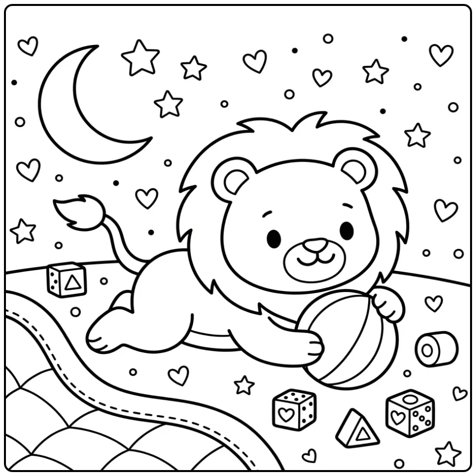 Schattige kleurplaat leeuw makkelijk met bal en sterren.