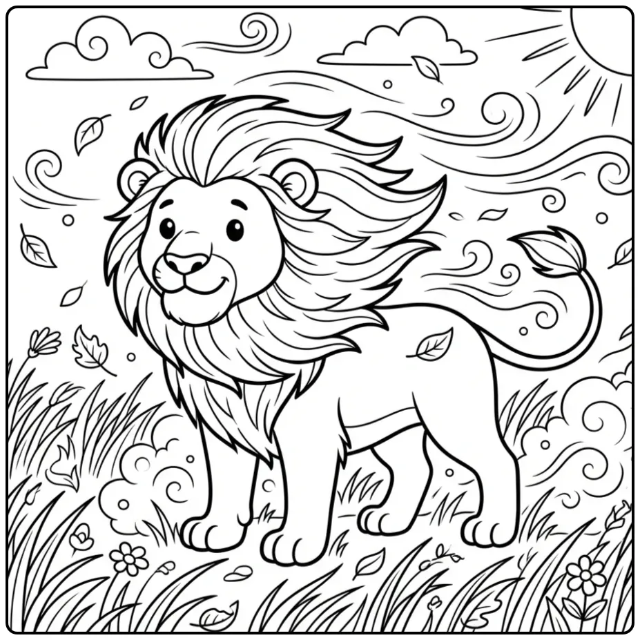 Schattige kleurplaat leeuw in de wind met waaiend gras.