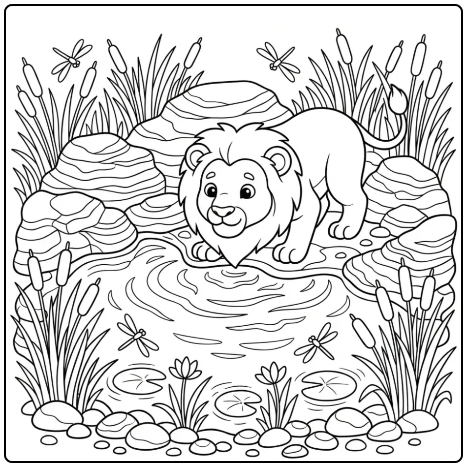 Gedetailleerde kleurplaat leeuw moeilijk bij een waterpoel.