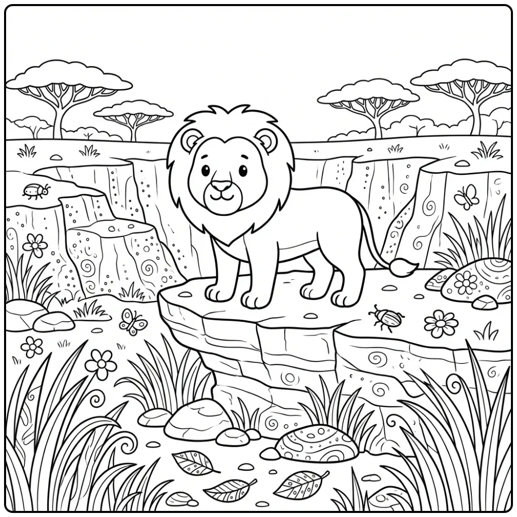 Gedetailleerde kleurplaat leeuw moeilijk op een grote rots.