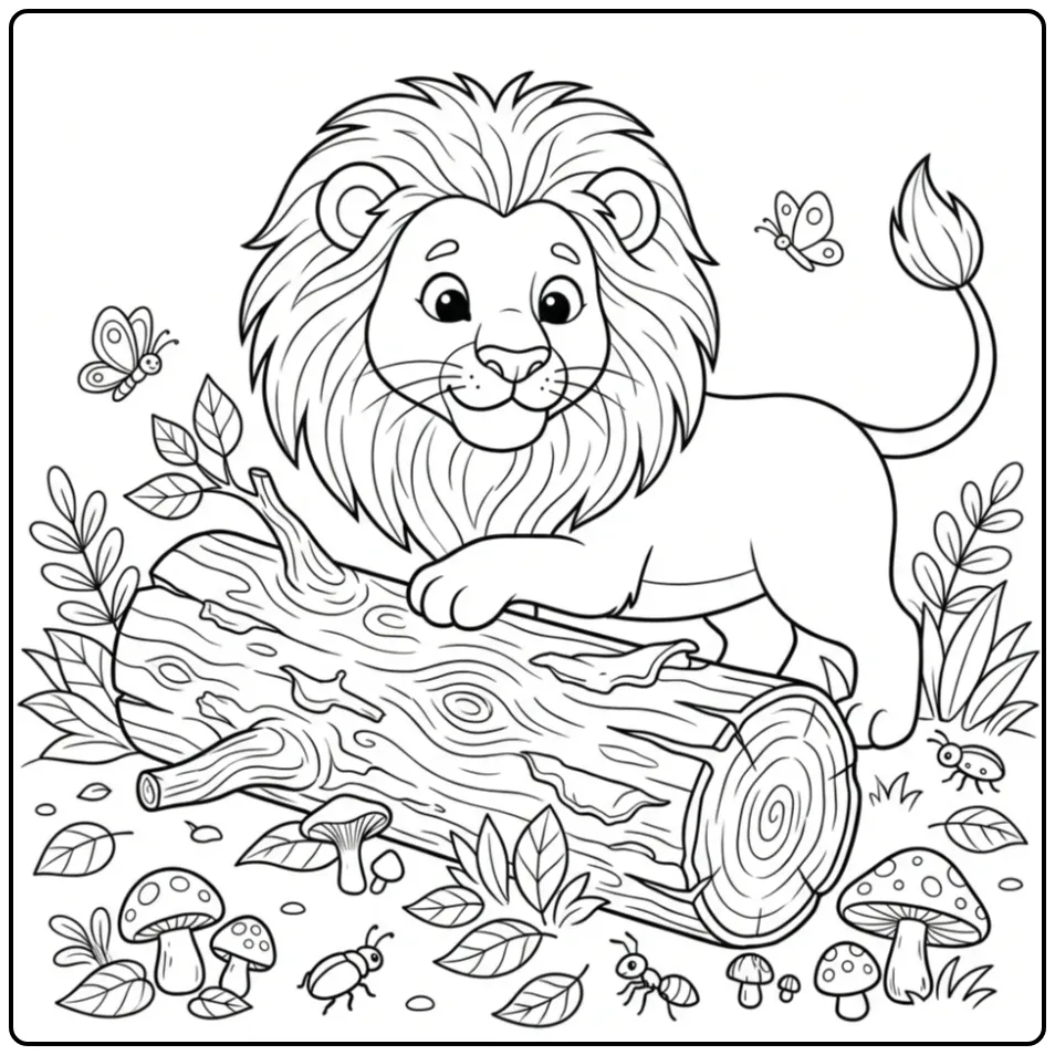 Schattige kleurplaat leeuw bij een omgevallen boomstam.
