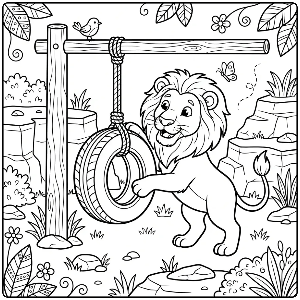 Een speelse kleurplaat leeuw met een autoband schommel.