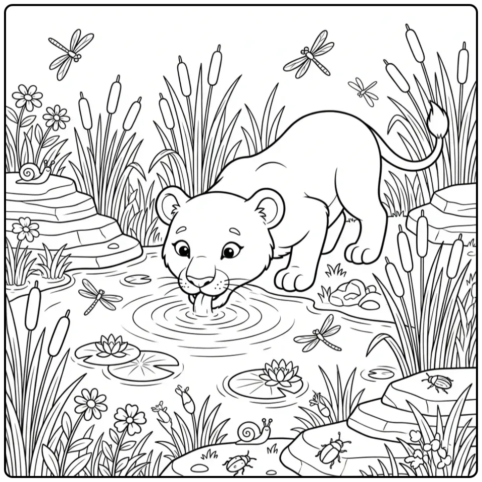 Een lieve kleurplaat leeuwin drinkt water bij de poel.