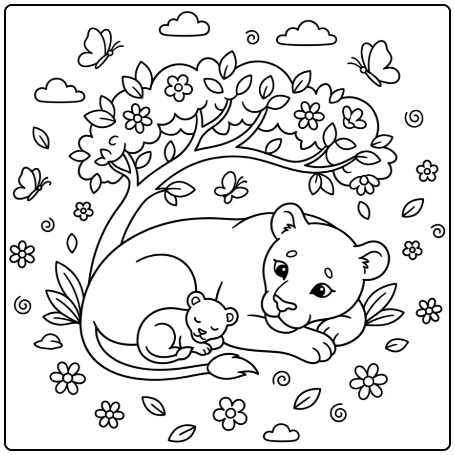 Schattige kleurplaat leeuwin en haar welp onder een boom.