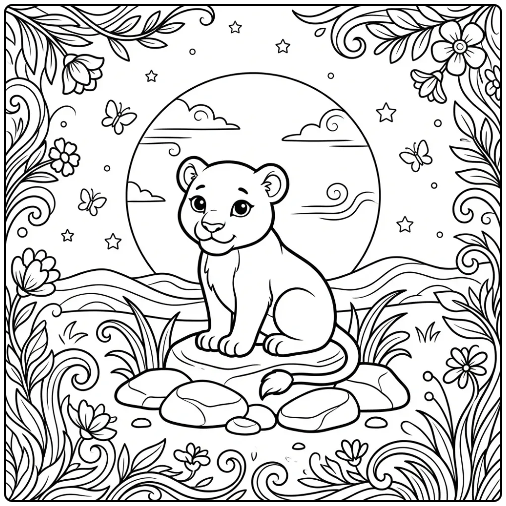 Schattige kleurplaat leeuwin op een rots bij zonsondergang.