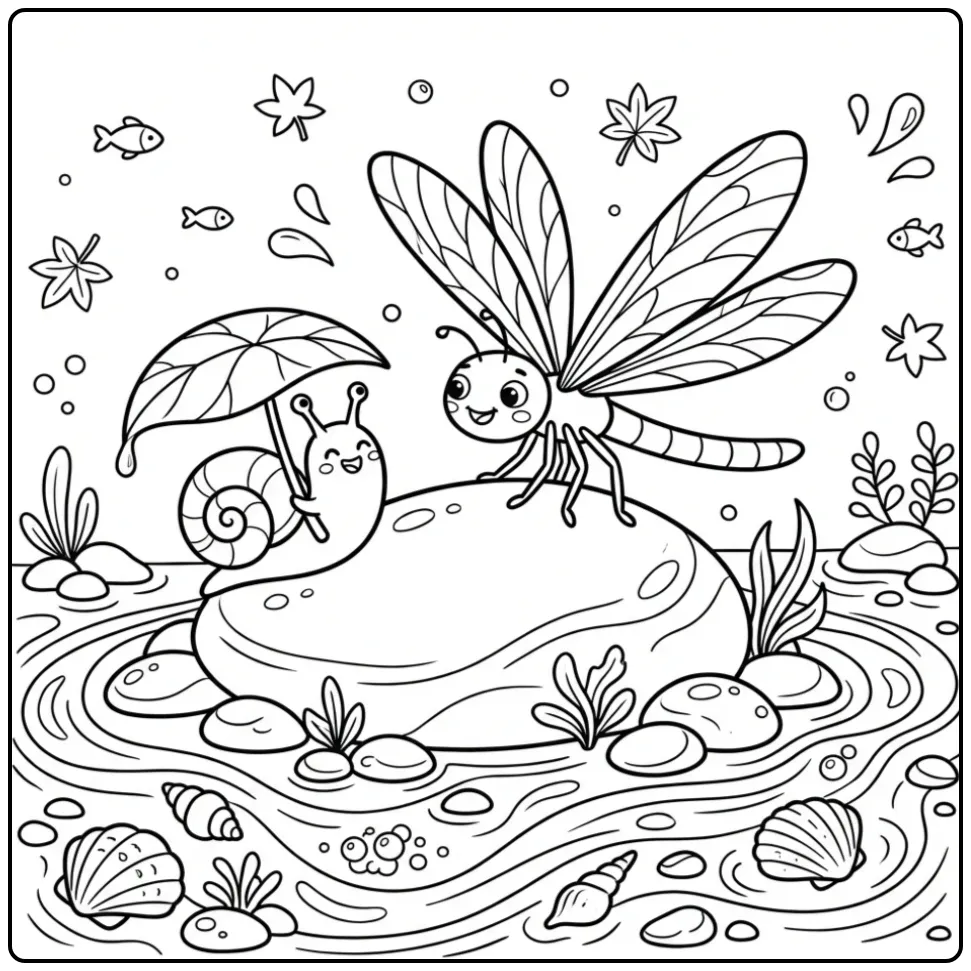 Schattige kleurplaat libelle op steen met slakje.