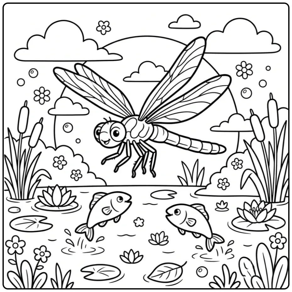 Schattige kleurplaat libelle boven een moeras met riet.