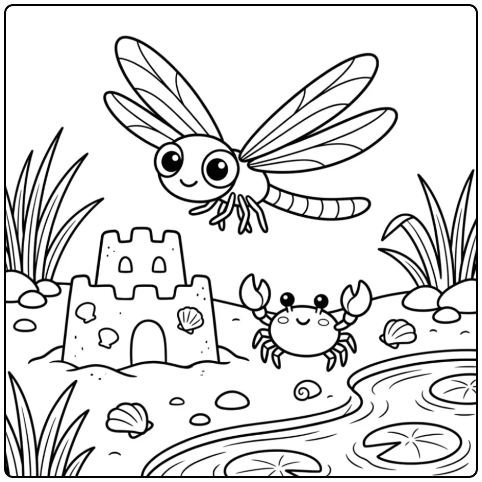 Een leuke kleurplaat libelle bij een zandkasteel met een krab.