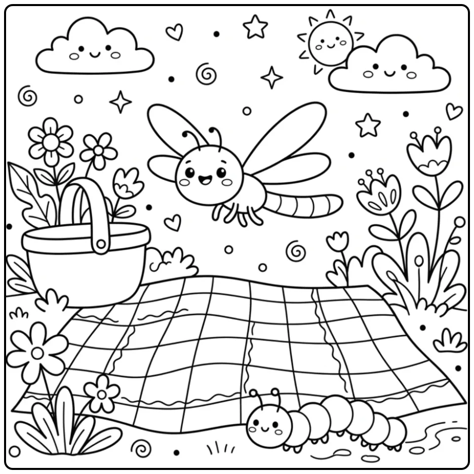 Vrolijke kleurplaat libelle en rups bij een picknickkleed.