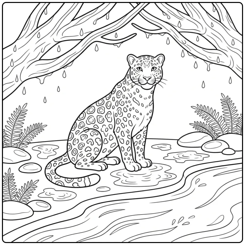 Een schattige kleurplaat luipaard aan de waterkant met regen.