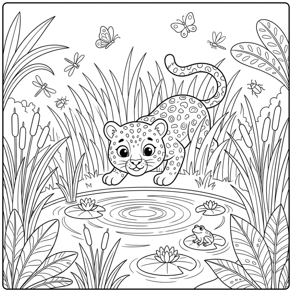 Een schattige kleurplaat luipaard in het hoge gras bij water.