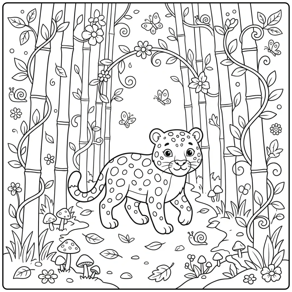 Kleurplaat luipaard wandelend tussen bamboe en paddenstoelen.