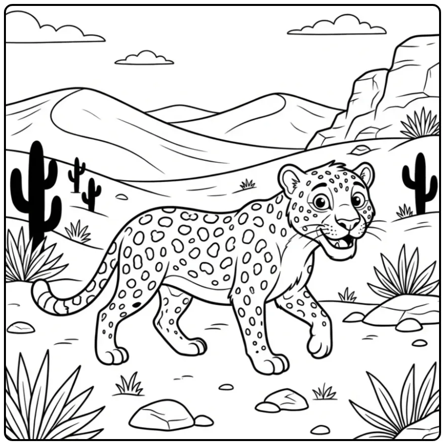 Een schattige kleurplaat luipaard tussen de zandduinen.