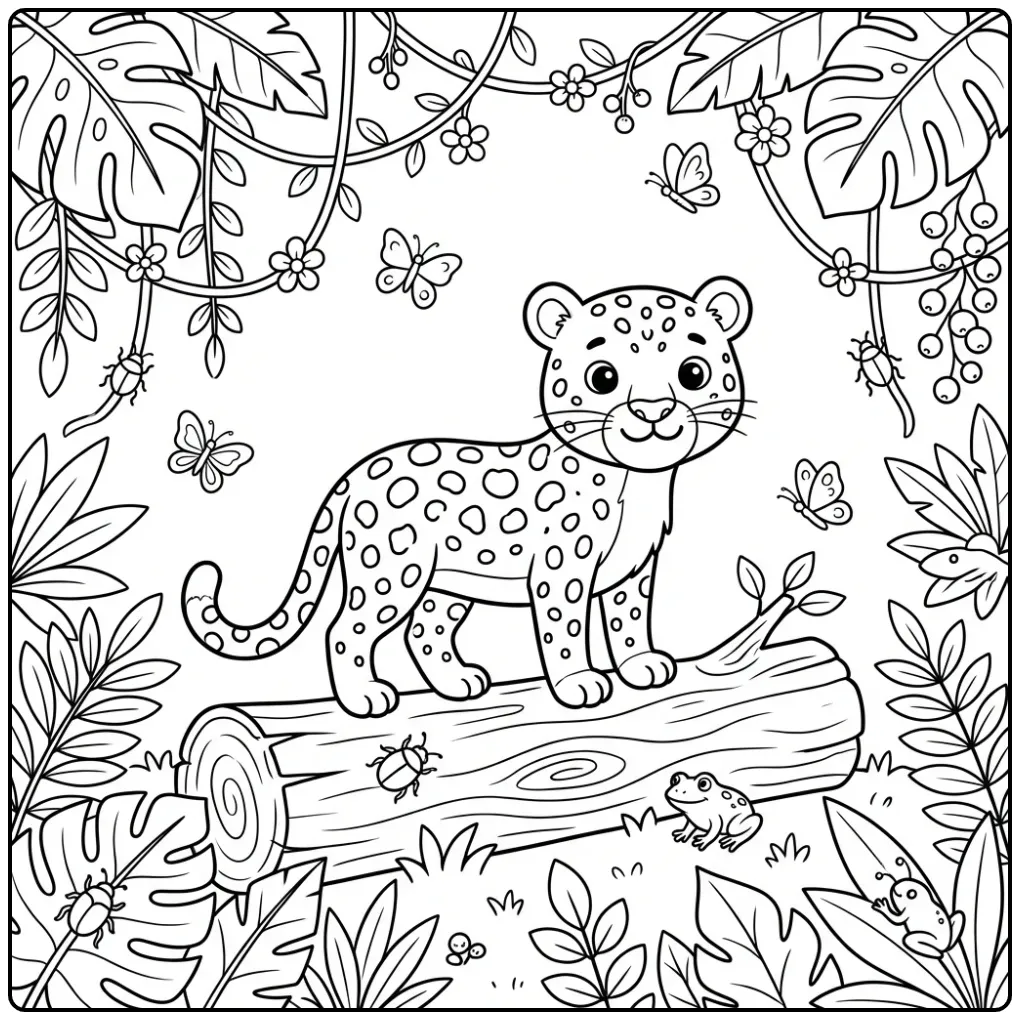 Een schattige kleurplaat luipaard op een omgevallen boomstam.