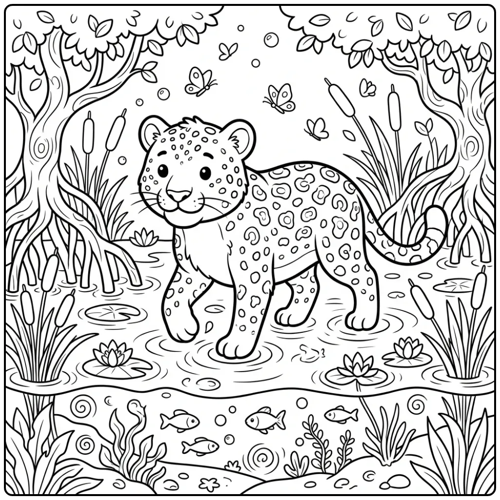 Een schattige kleurplaat luipaard in een mangrove moeras.