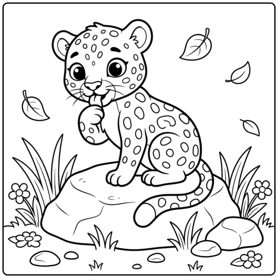 Een schattige kleurplaat luipaard wast zich op een steen.
