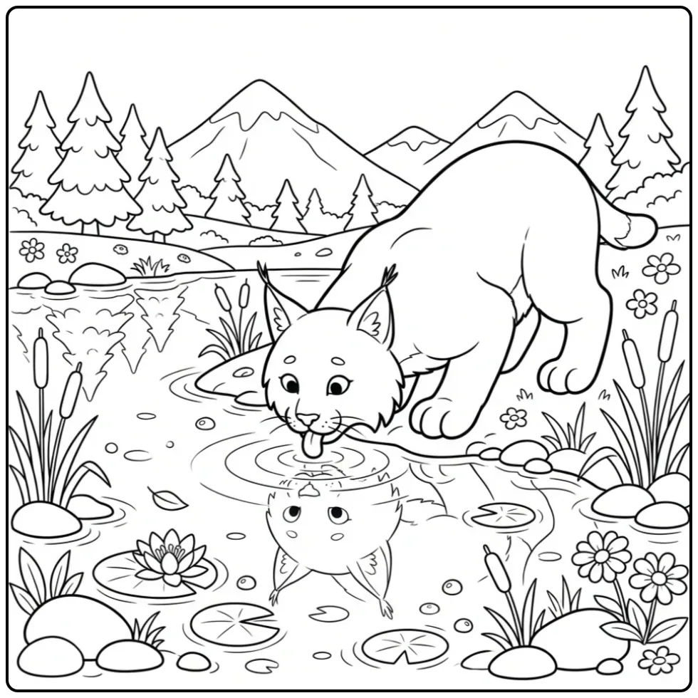 Een schattige kleurplaat lynx drinkend uit een kalm bergmeer.