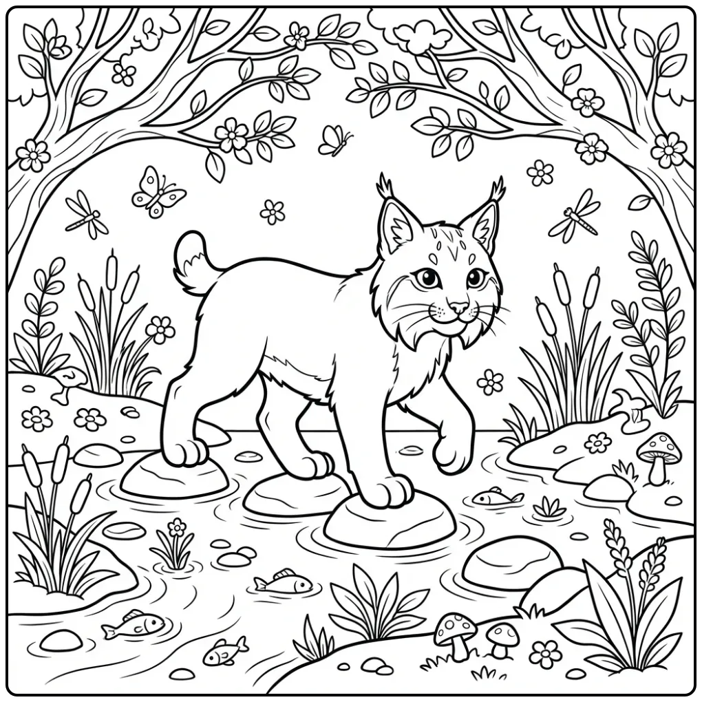 Schattige kleurplaat lynx steekt beekje over via stenen