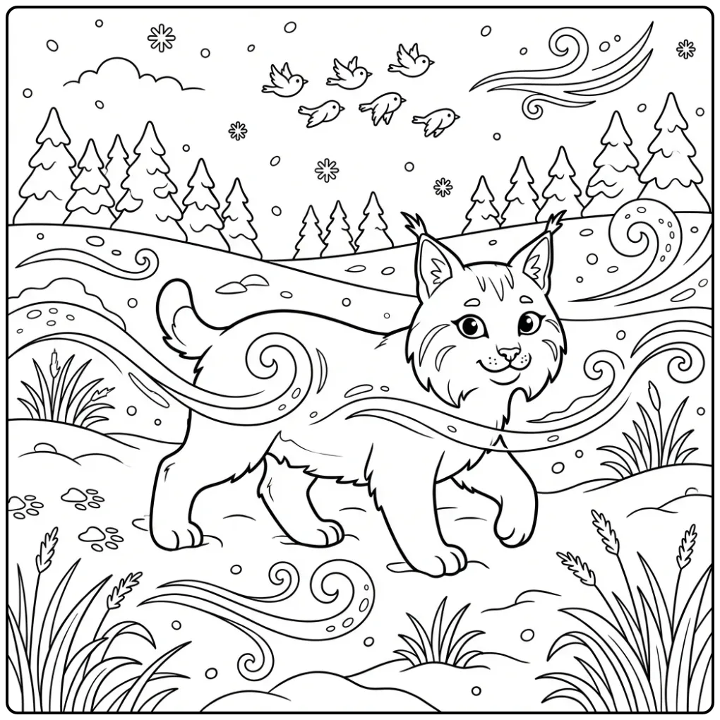 Schattige kleurplaat lynx wandelend door een besneeuwd veld