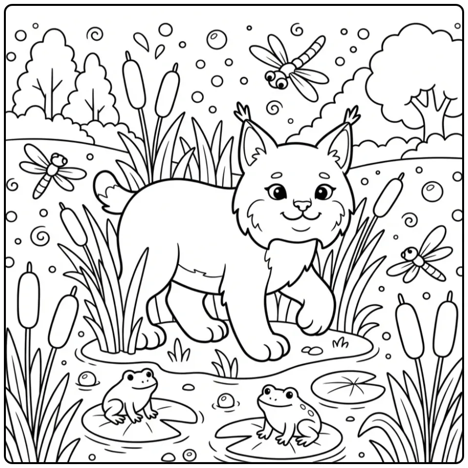 Schattige kleurplaat lynx tussen het riet en de kikkers.