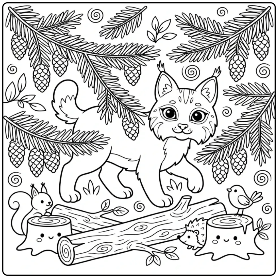Een schattige kleurplaat lynx in een bos vol dennenappels.