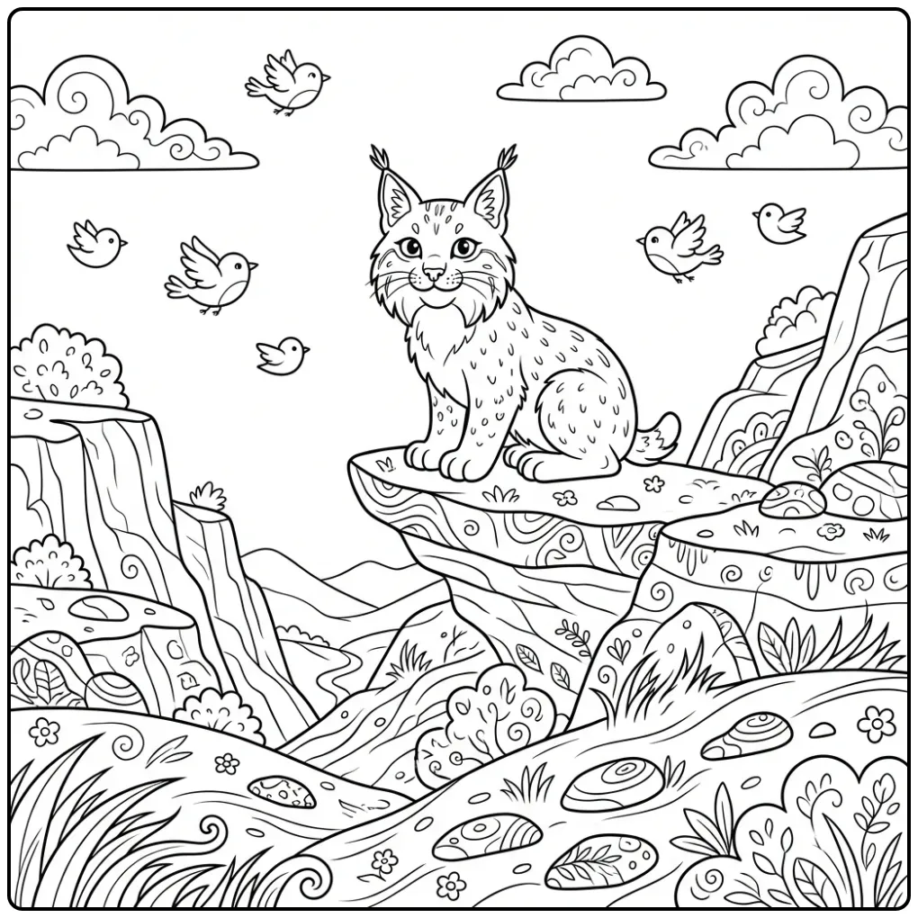 Schattige kleurplaat lynx op een rotsachtige richel.