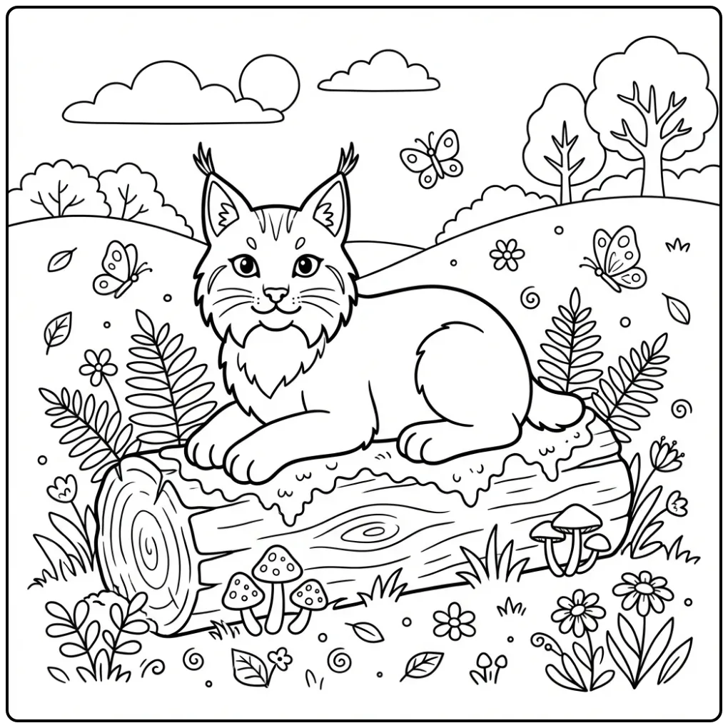 Een schattige kleurplaat lynx op een boomstam in het bos.