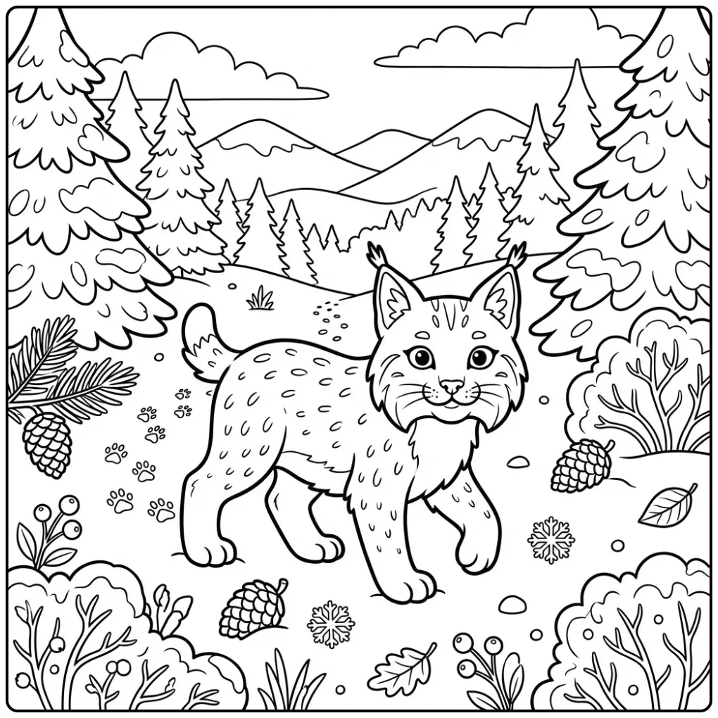 Een schattige kleurplaat lynx in een besneeuwd dennenbos.