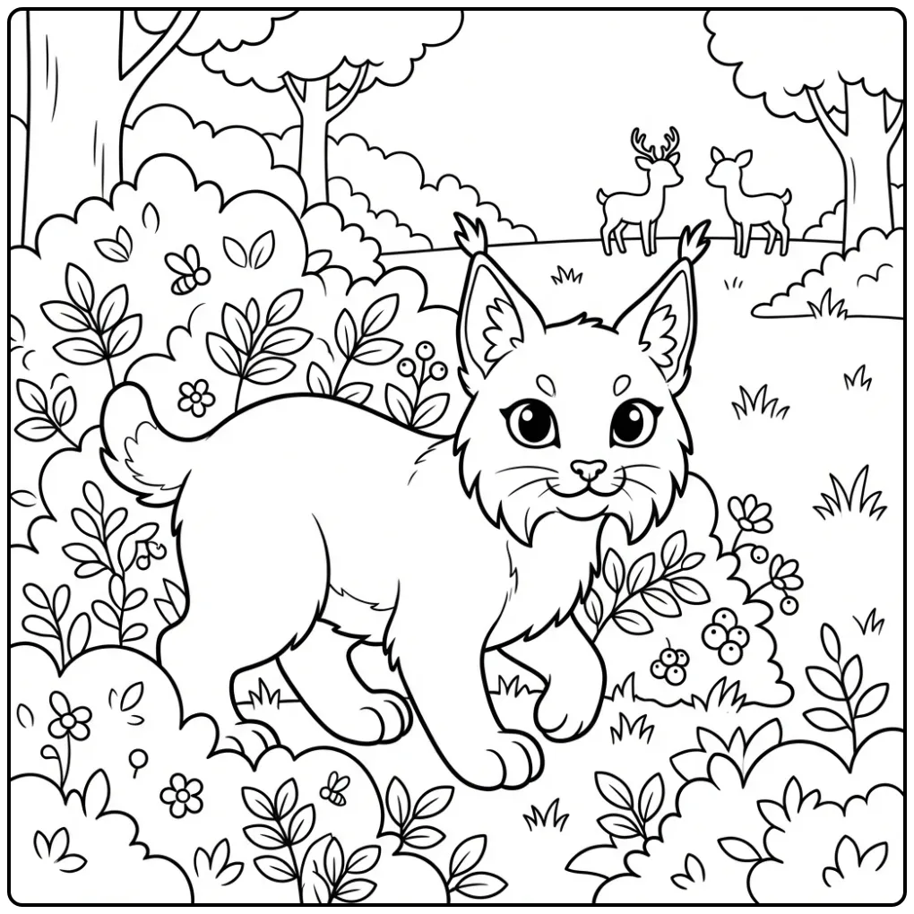 Schattige kleurplaat lynx achter struikjes in het bos.