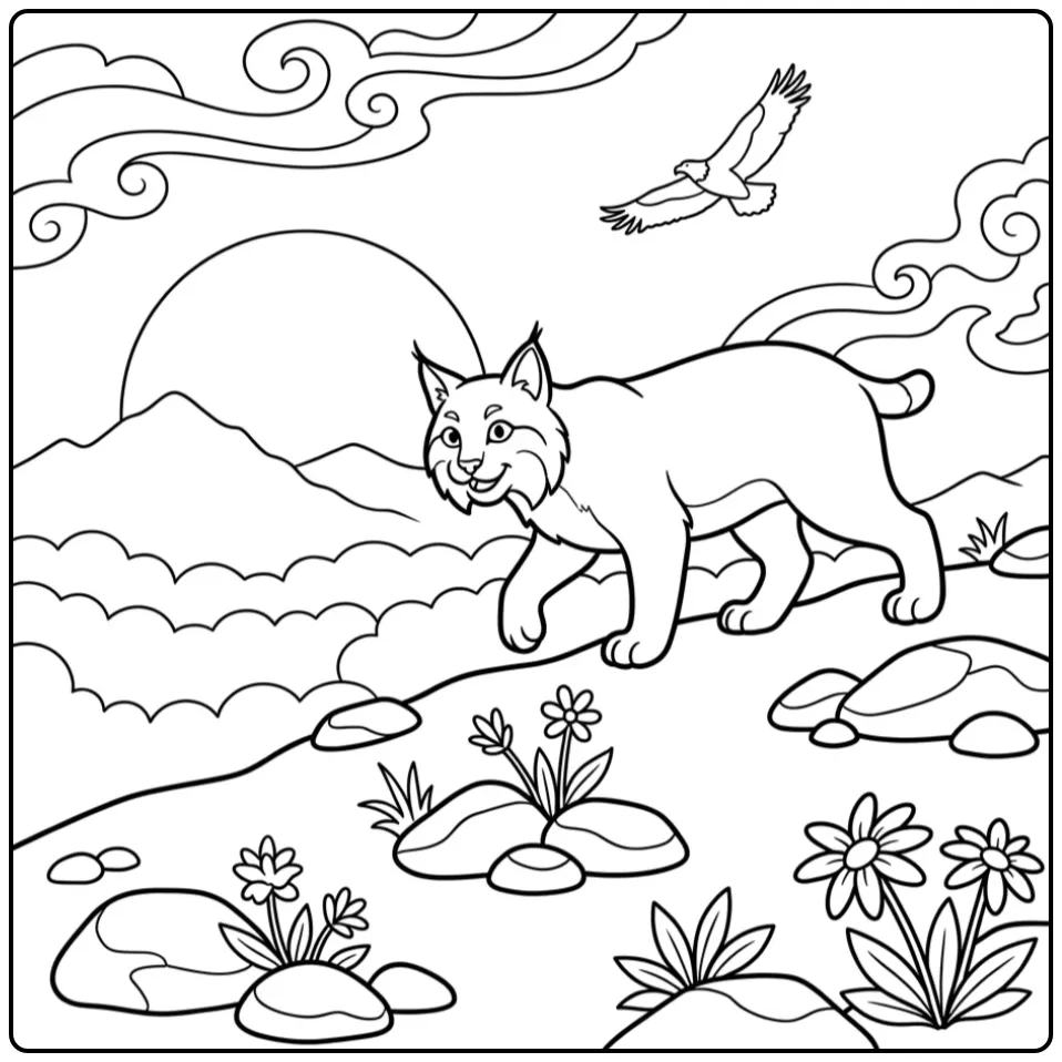 Een schattige kleurplaat lynx op een bergrug met een adelaar