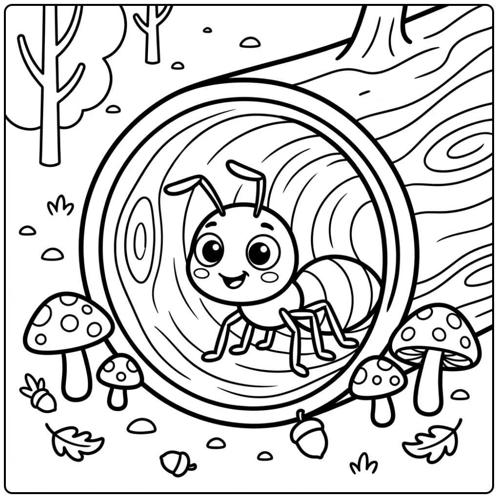 Schattige kleurplaat mier kijkt vanuit een boomstam.