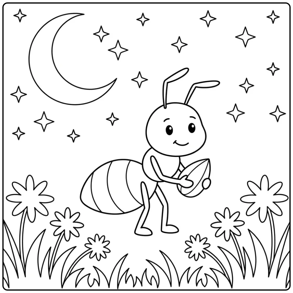 Kleurplaat mier draagt een zaadje onder de sterren.