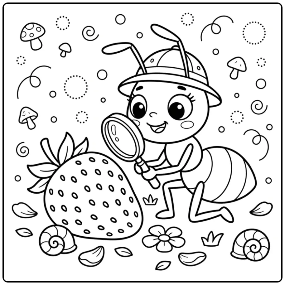 Leuke kleurplaat mier met een grote aardbei en slakkenhuisjes.