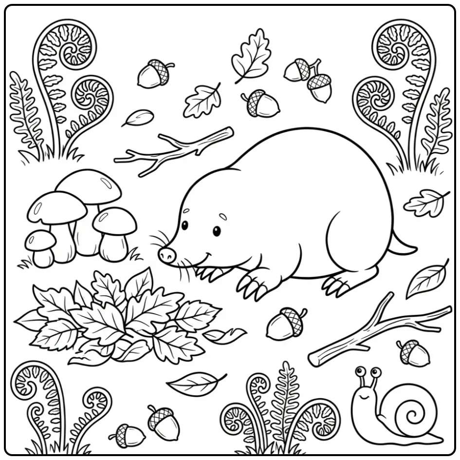 Een schattige kleurplaat mol die aan paddenstoelen snuffelt.