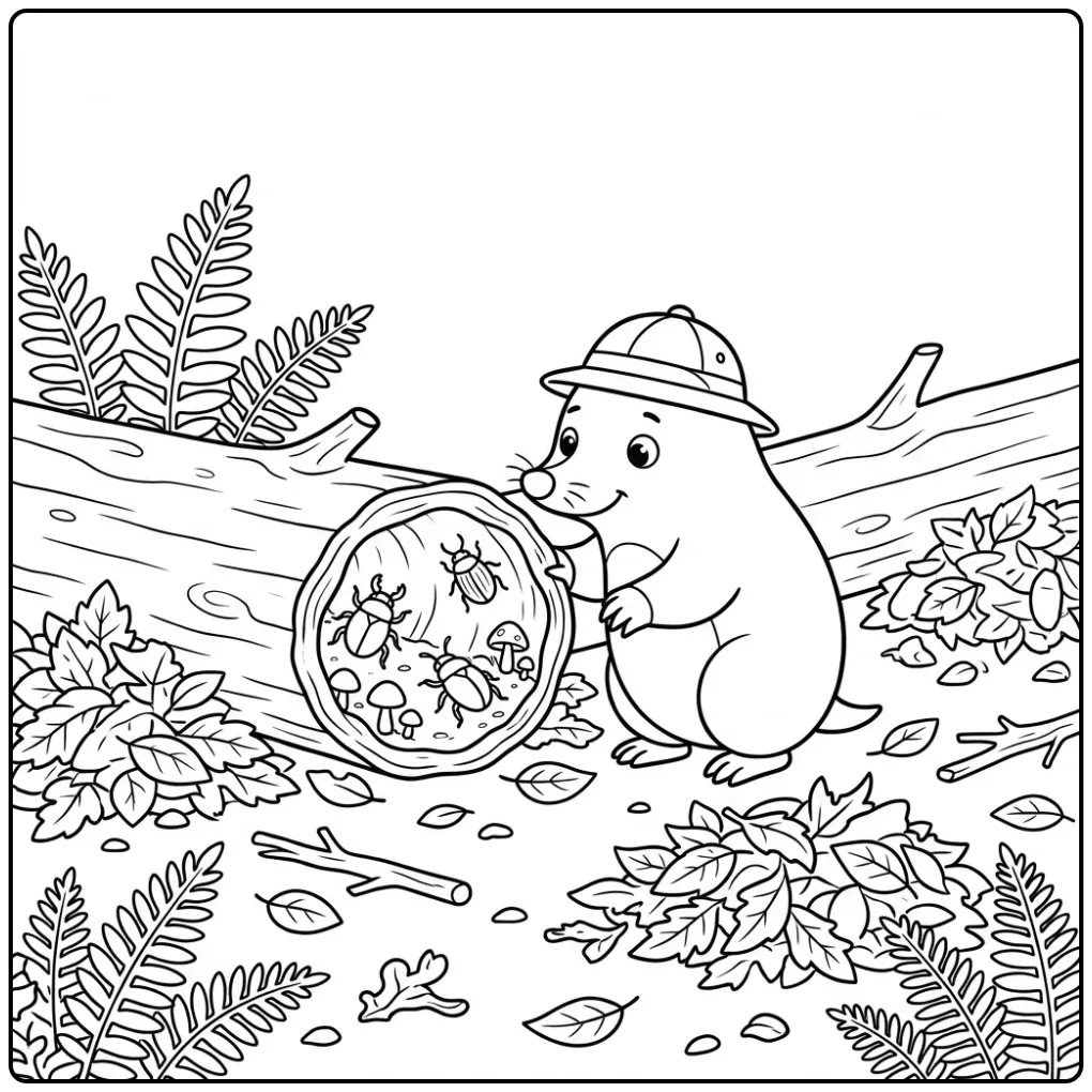 Leuke kleurplaat mol kijkt in een holle boomstam in het bos.