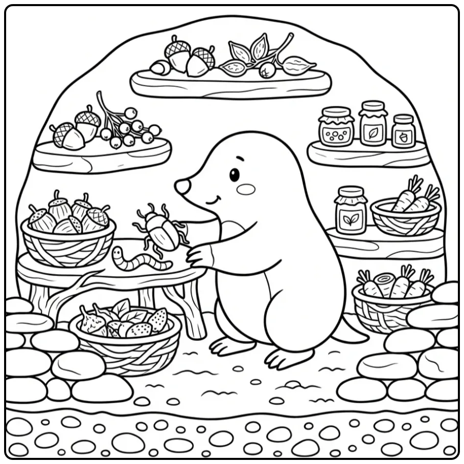 Schattige kleurplaat mol in een ondergrondse voorraadkast.