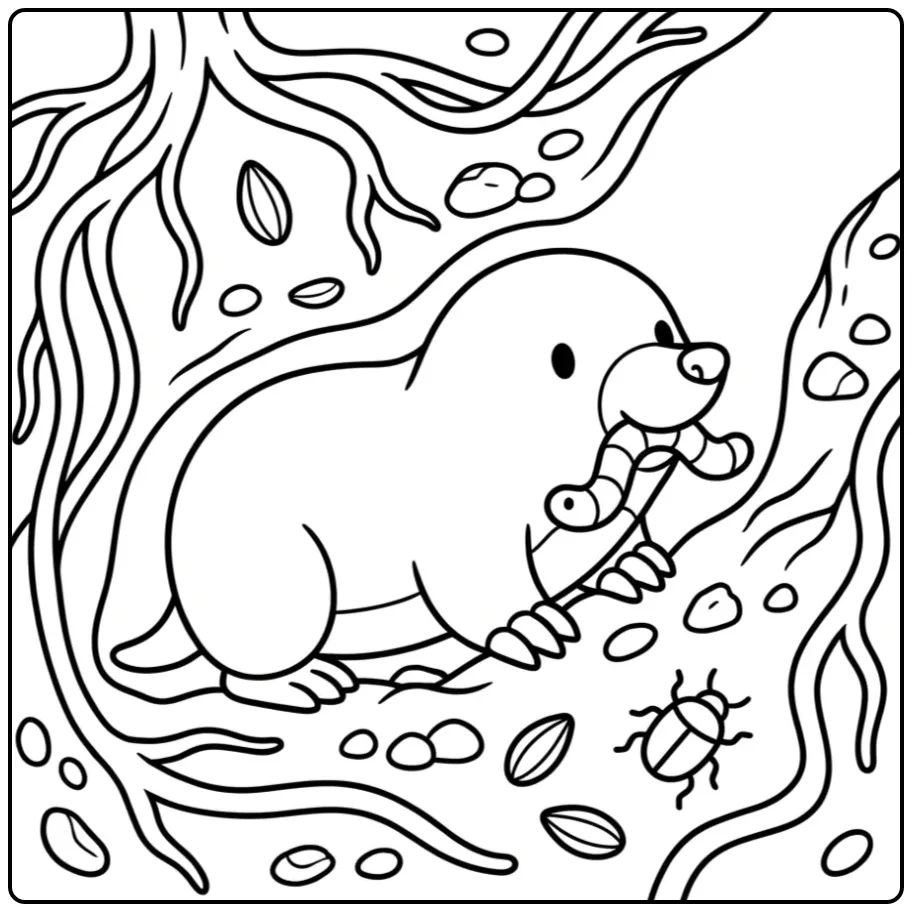 Schattige kleurplaat mol met een worm in zijn tunnel.