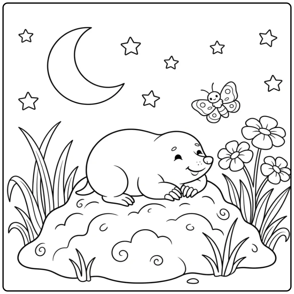 Schattige kleurplaat mol rustend onder de maan en sterren.