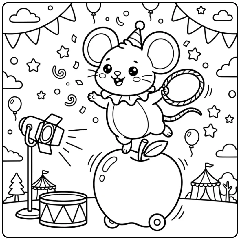 Vrolijke kleurplaat muis in het circus met trommel en confetti