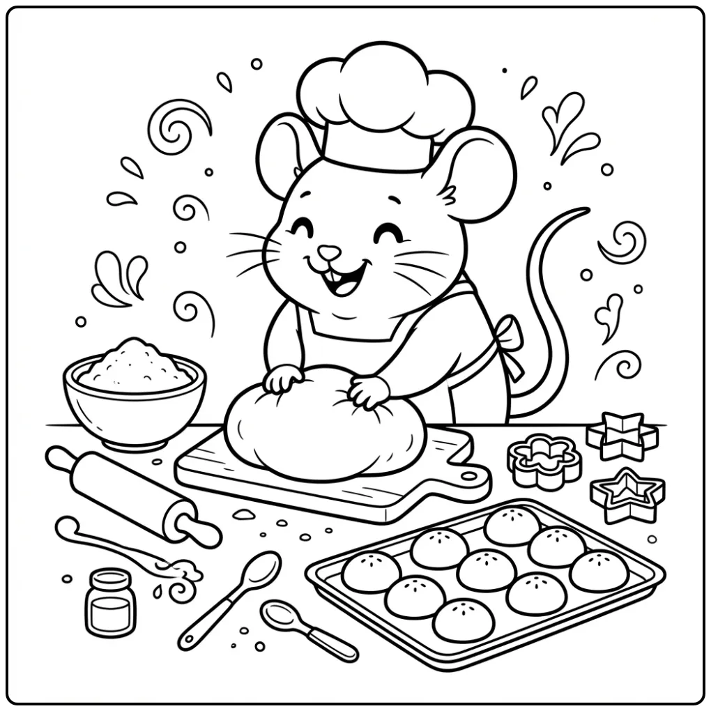 Een schattige kleurplaat muis als chef die deeg kneedt.