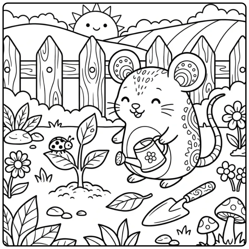 Schattige kleurplaat muis met gieter in de tuin.