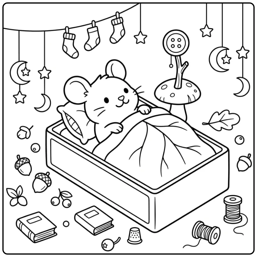 Schattige kleurplaat muis slapend in een luciferdoosje.