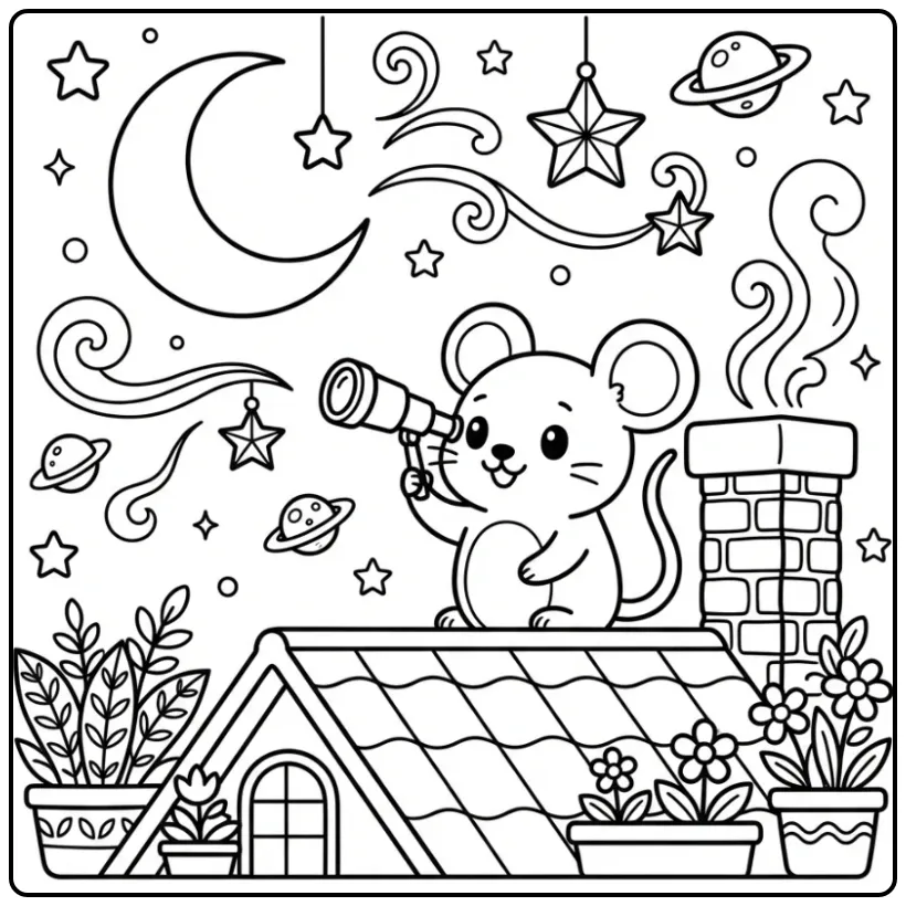 Schattige kleurplaat muis die naar de sterren kijkt op het dak.