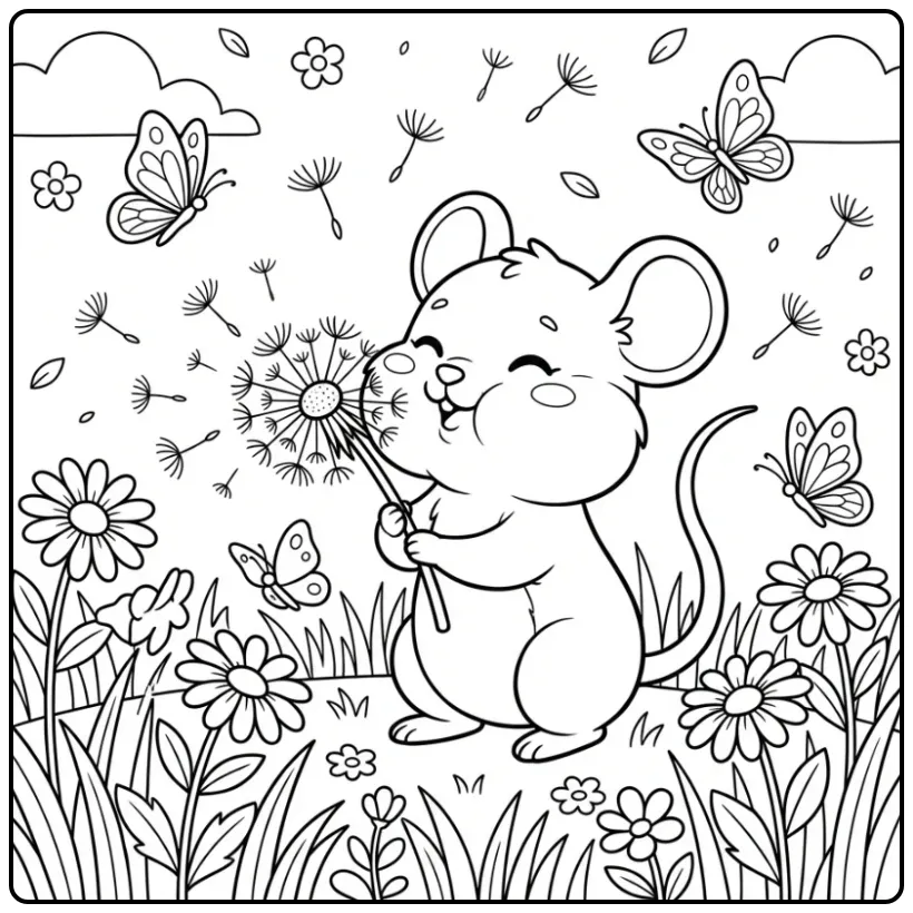 Schattige kleurplaat muis blaast paardenbloem in de wei.