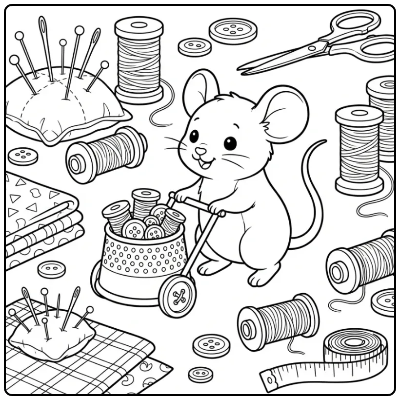 Speelse kleurplaat muis met vingerhoed en naaigerei.