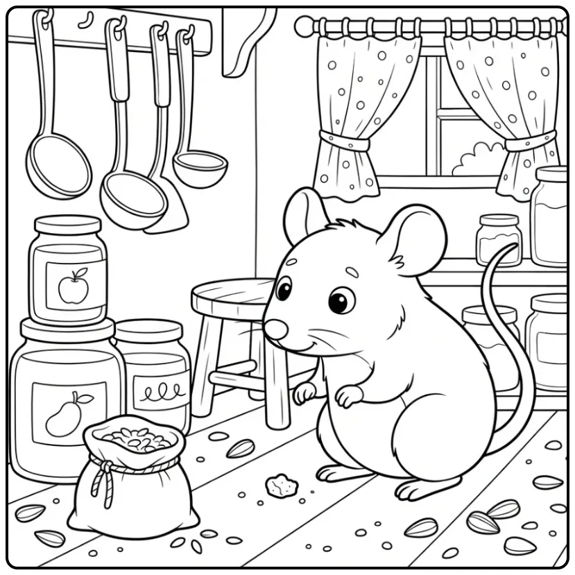 Nieuwsgierige kleurplaat muis in de voorraadkast.
