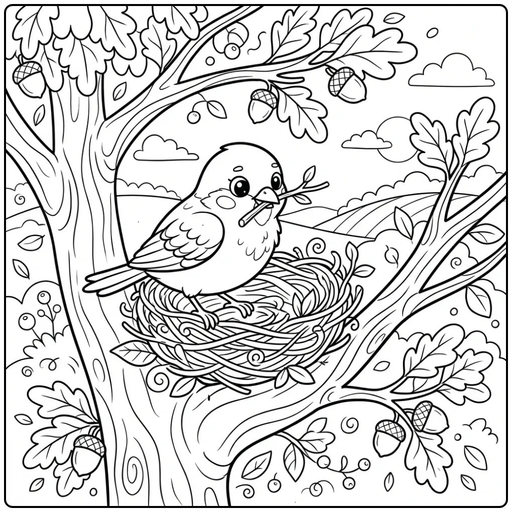 Schattige kleurplaat mus die een nest bouwt met een takje.